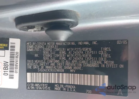 2005 Toyota Sienna Le z USA, uszkodzony, nr VIN 5TDZA23C95S298008